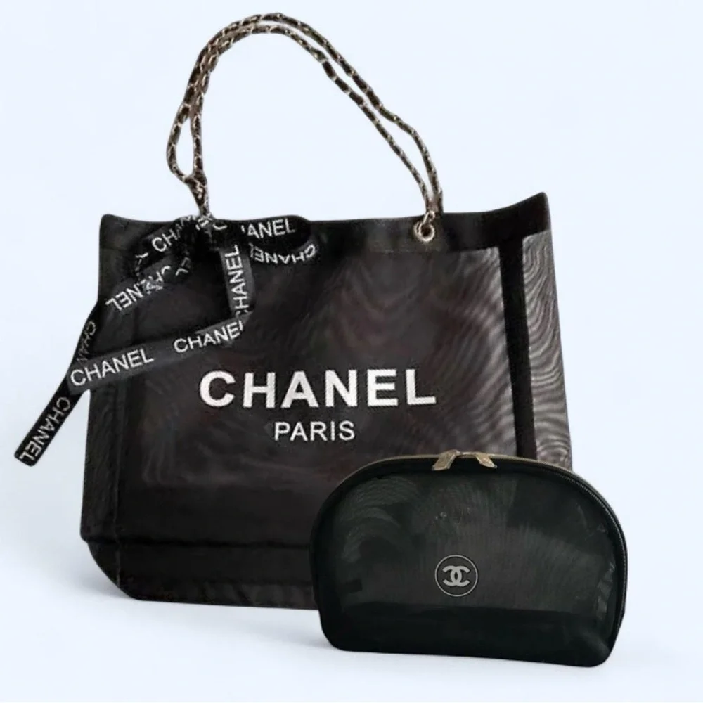 CHANEL Black Mesh Paris Tote with Matching Cosmetic Pouch